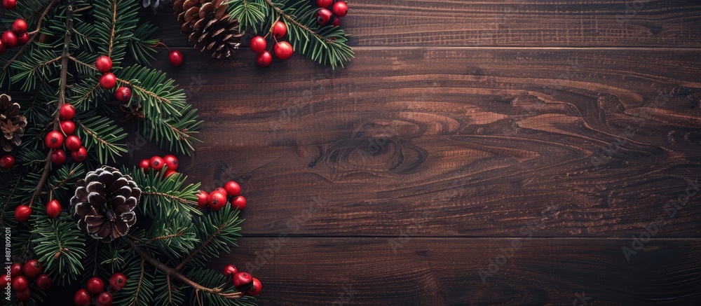 Poster Festive Christmas design on a wooden backdrop for a New Year themed greeting card with ample copy space image captured in a flat lay top view