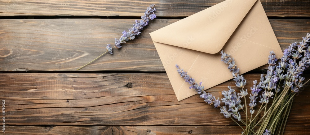 Aufkleber top view of a greeting card mockup with an envelope dry lavender flowers on a wooden background offe