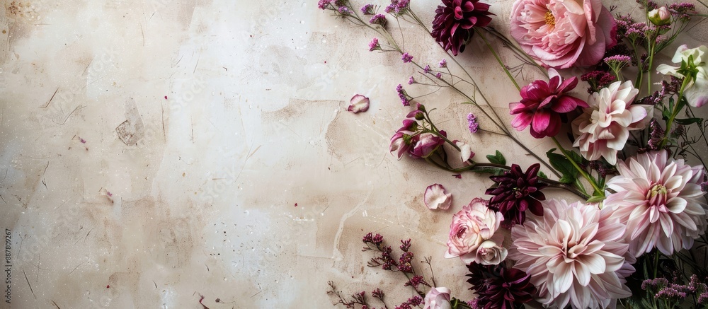 Aufkleber flat lay with guest list and lovely flowers on a light textured backdrop offering copy space image