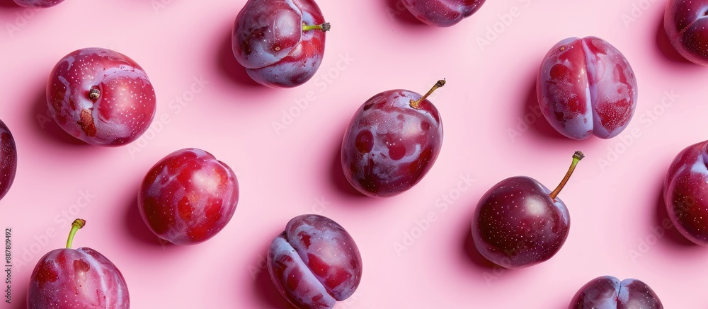 Poster Plump ripe plums scattered on a soft pink background with gentle lighting creating a captivating copy space image