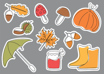 Stickers with autumn elements. Vector illustration for cozy autumn, eps 10, printable