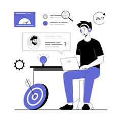 Customer service. Online technical support. Call center agent man with headset working on the support hotline. Vector illustration with line people for web design.