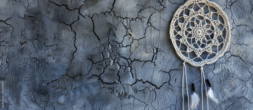 Poster Close up of a white crochet dream catcher against a textured gray surface resembling concrete with space for text in the image. with copy space image. Place for adding text or design
