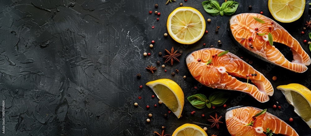Poster close up view of salmon steaks with lemon and spices with copy space image included