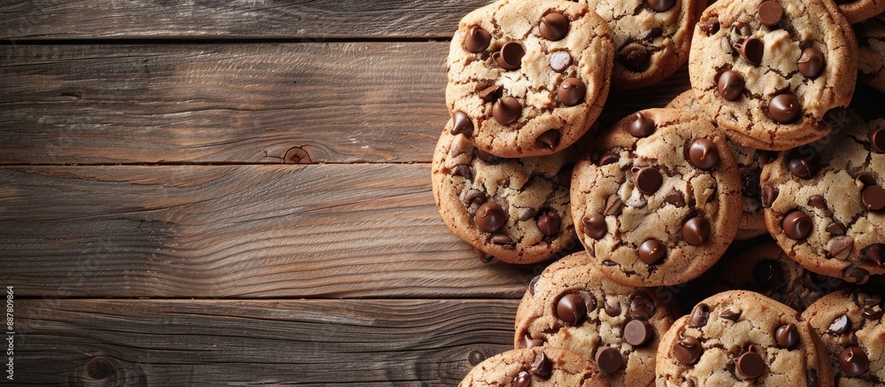 Fototapete close up view of delectable chocolate chip cookies on wooden surface with room for adding text besid