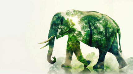 Obraz premium Double exposure of an elephant with a green forest superimposed over its silhouette, blending nature and wildlife in a harmonious composition.