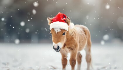 A Baby Pony Wearing a Santa Hat in the Snow