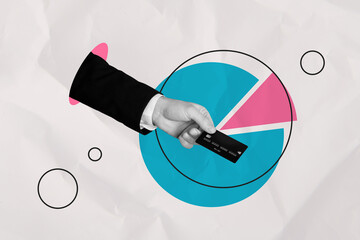Creative collage picture businessman hand sleeve credit card payment bank infographic startup...