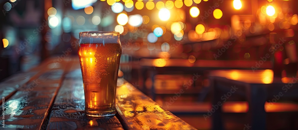 Aufkleber A glass of beer in a dimly lit cafe at night with a blurred bokeh background. with copy space image. Place for adding text or design
