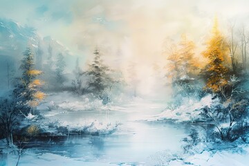 Beautiful magical Christmas time, winter season with snow trees, fir and snow, Christmas night with blue and orange light, cinematic look, beautiful illustration