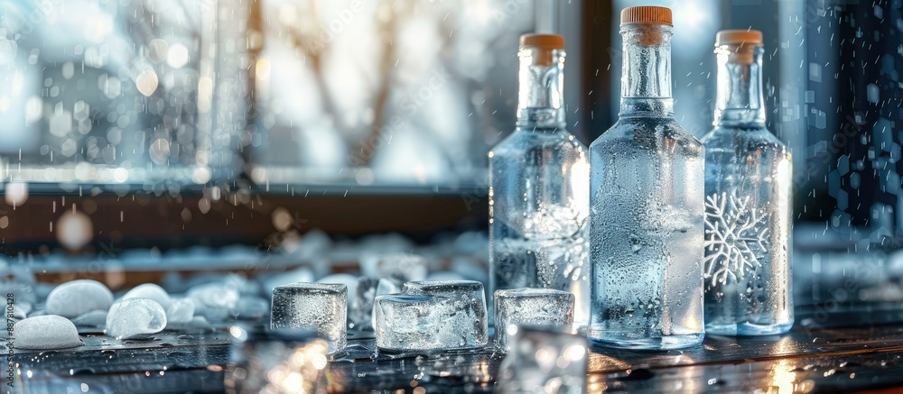 Aufkleber Chilled vodka bottles subtly visible through misted glass alongside ice cubes with a copy space image