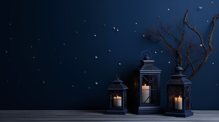 Fototapeta premium Starry Night Theme with Lanterns and Branch on Dark Blue Wall