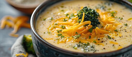 Creamy soup made with broccoli and cheese against a blurred background ideal for text or graphic overlay known as copy space image