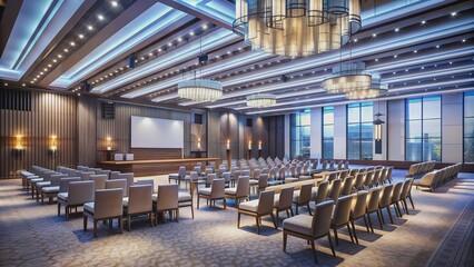 1. Hyper-detailed conference hall illuminated by hanging chandeliers, spotlights, and LED screens, packed with diverse attendees, 4K ambiance.