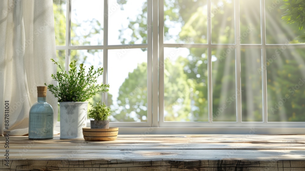 Poster bare wooden table with room decor background for product display on windowsill