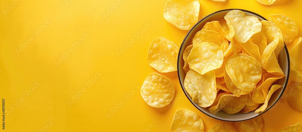 Poster Top view of potato chips in a bowl on a yellow background with space for text or image. with copy space image. Place for adding text or design