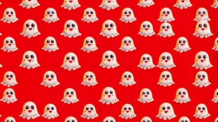 Halloween ghost seamless pattern background. Holidays cute ghost cartoon character. Red background