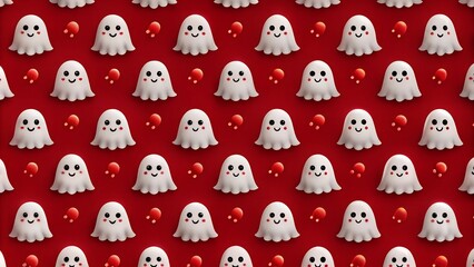 Halloween ghost seamless pattern background. Holidays cute ghost cartoon character. Red background