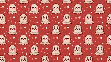Halloween ghost seamless pattern background. Holidays cute ghost cartoon character. Red background