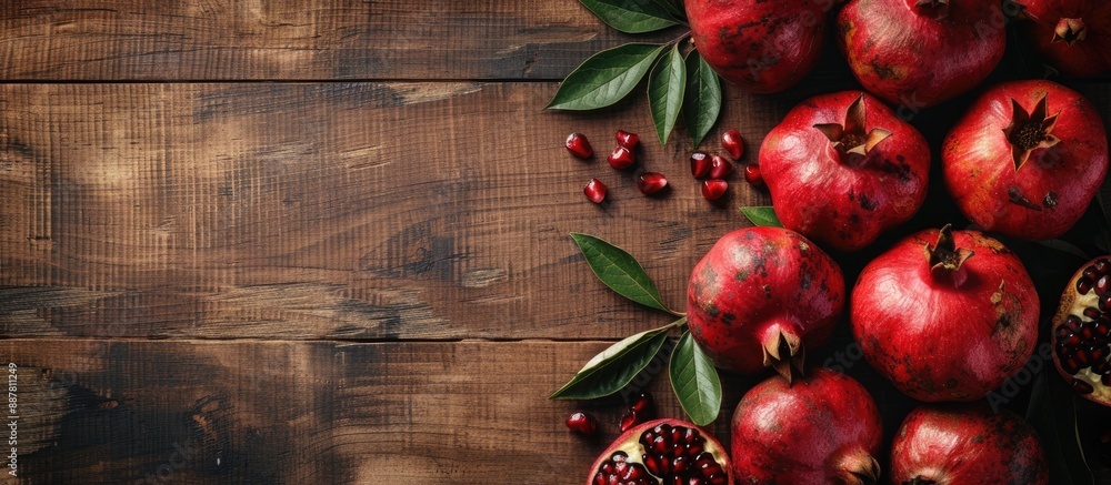 Poster a flat lay display with fresh pomegranates and room for text on a wooden surface. with copy space im
