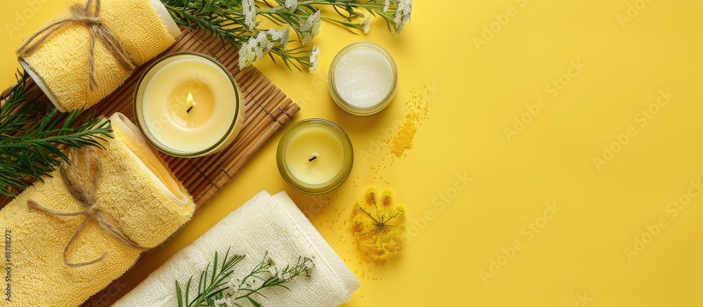 Aufkleber a spa themed flat lay arrangement with scented candles towel and lotion on a bright yellow surface p