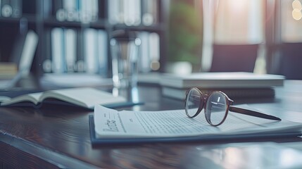 A Pair of Glasses on a Stack of Documents in an Office