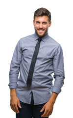Fototapeta premium Young handsome business man over isolated background looking away to side with smile on face, natural expression. Laughing confident.