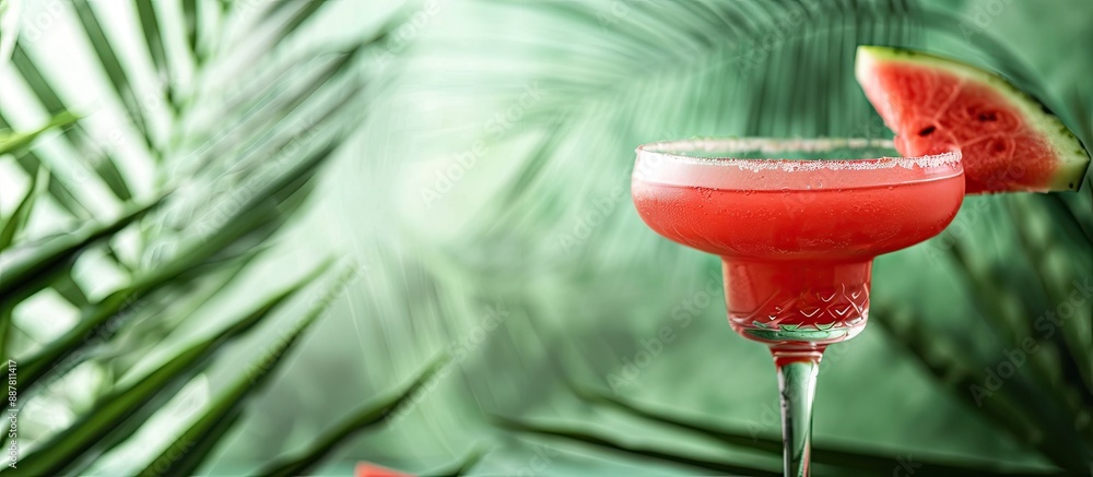 Aufkleber watermelon cocktail on a stylish savannah green backdrop with palm leaves perfect for summer with sp