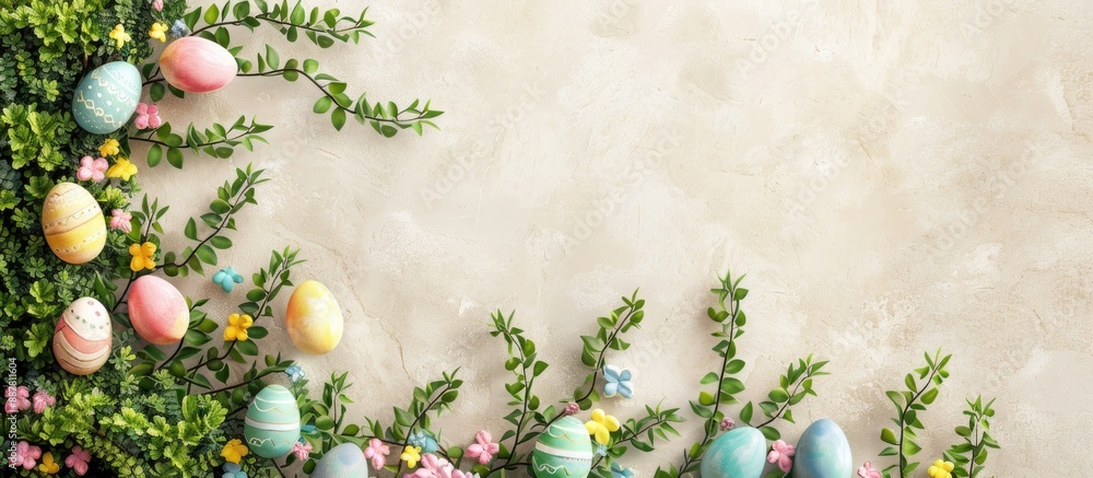 Poster Floral arrangement with boxwood and colorful eggs suitable for an Easter card with space for text or images. with copy space image. Place for adding text or design