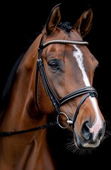 Portrait of a Brown Horse with a Black Bridle