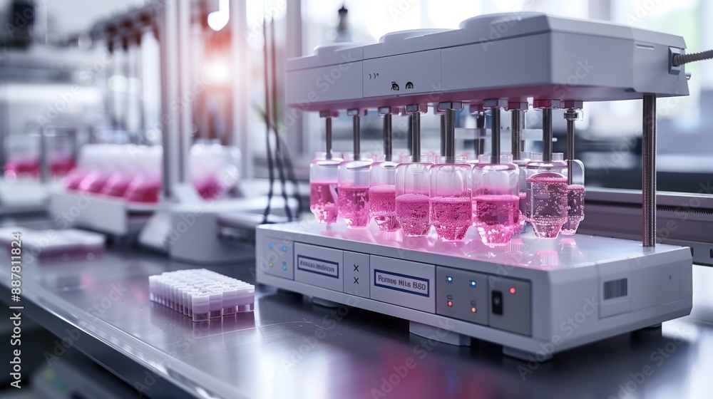 Poster a close-up view of a laboratory machine with multiple clear containers filled with pink liquid, like