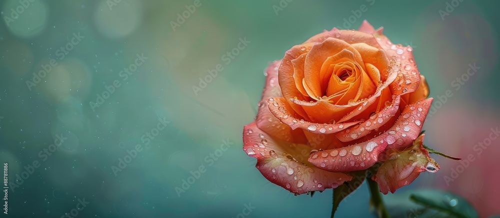 Aufkleber dreamy still life photography of a solitary pink orange rose with rain drops set against a soft back