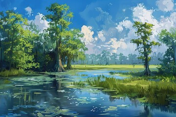 Fototapeta premium Modern impressionist oil painting sketch of peaceful woodland landscape with calm river stream flow on edge of deep forest at evening. digital art illustration of scenic nature scene.