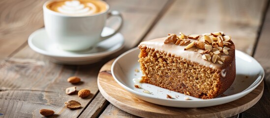 Decadent dessert pairing of cappuccino and cinnamon plum cake topped with chopped almonds great for foodies Ideal for menus ads copy space image