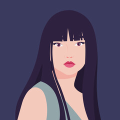 The face of a young Asian woman on a dark background. Vector flat Illustration