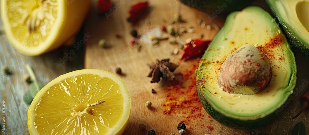 Poster a fresh half avocado and lemon on a cutting board with spices creating an appetizing composition wit