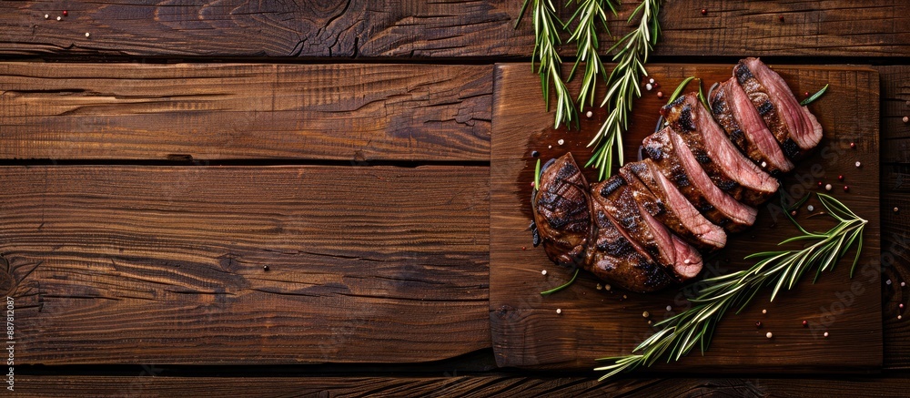 Leinwandbilder Top view of sliced grilled lamb fillet on a cutting board against a wooden background with empty space for text or images. with copy space image. Place for adding text or design