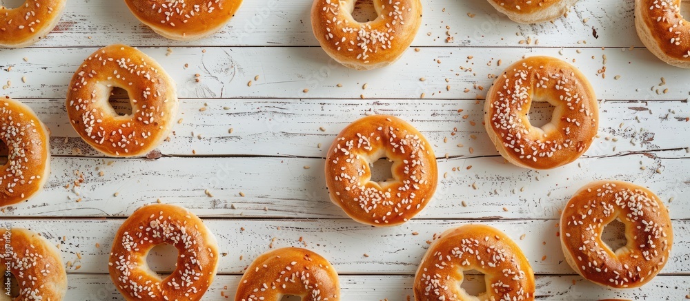 Poster mini bagels drying on white wood backdrop with copy space image