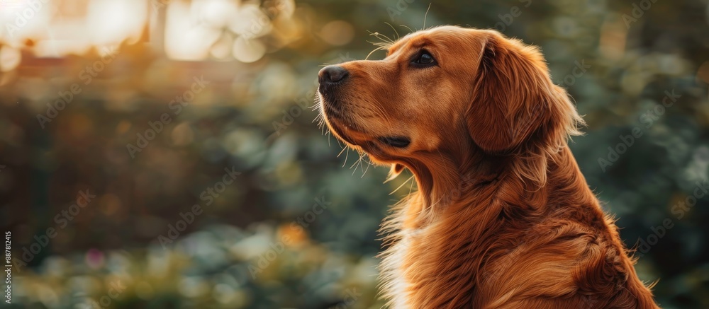 Poster a healthy pet dog is sitting in the house garden gazing at something with a background of nature vis