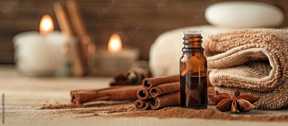 Poster organic cinnamon essential oil and sticks on wooden backdrop evoke a spa atmosphere for aromatherapy