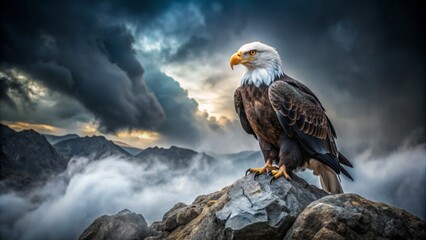 Dramatic American bald eagle perches on rugged rock, fierce gaze radiating fury amidst a stormy, misty atmospherically-lit wilderness backdrop.
