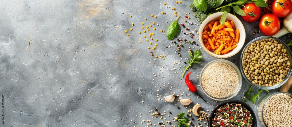 Leinwandbilder colorful assortment of vegetables and grains on a gray surface creating a vibrant backdrop with copy