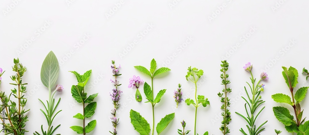 Poster Top view of fresh herbs for phytotherapy displayed on a white background with space for text or images commonly referred to as alternative medicine. with copy space image