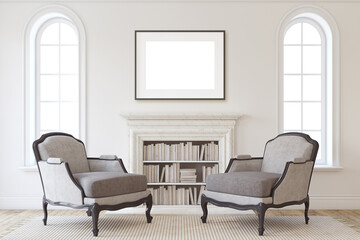 Interior mockup. Classical interior with the fireplace. 3d render.