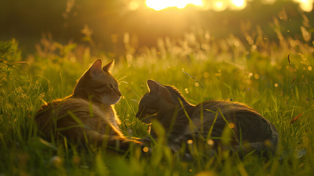 Picturesque Sunset Cats Peaceful Evening Farmland Harmony field peaceful calm