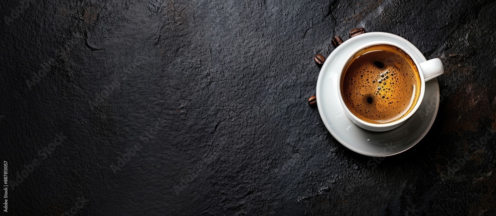 Aufkleber Coffee cup on a dark table at a hotel during a coffee break with a blank space for adding an image. with copy space image. Place for adding text or design