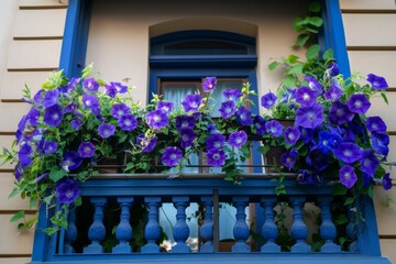 Fototapeta premium Purple morning glory flowers on a house balcony 