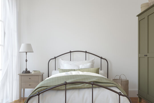 Modern farmhouse bedroom. 3d render.