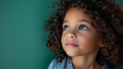A confident Gen Alpha girl around 6 years old with curly black hair