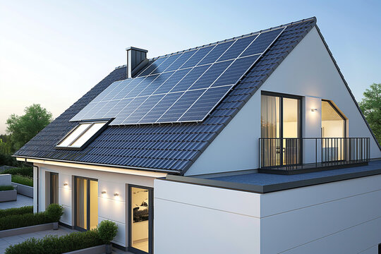 Modern Eco-Friendly Home with Solar Panels. Energy efficiency or sustainable living concepts